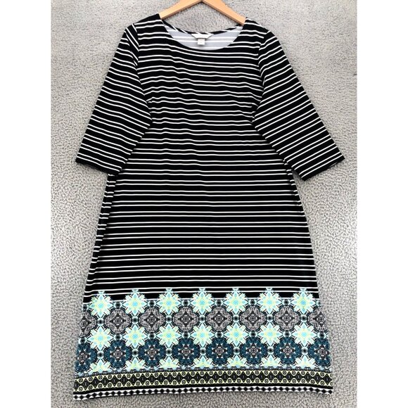 Cj Banks Dress Womens 1X Plus Black Striped Shift Midi 3/4 Sleeve Stretch Knit - Picture 1 of 10